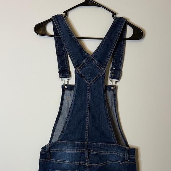 Mudd Dark Blue Denim Overall Shorts Floral Pockets Medium - Picture 7 of 9